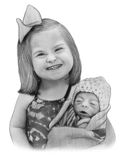 Load image into Gallery viewer, Black and white portrait - Girl drawn with sibling who passed away  - Black & white portrait - drawings and portraits from your photos - drawking.com - DrawKing