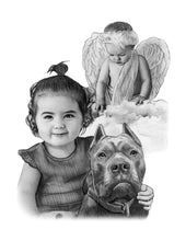 Load image into Gallery viewer, Black and white portrait - Little girl drawn with dog and lost sibling with angel wings - Black & white portrait - drawings and portraits from your photos - drawking.com - DrawKing