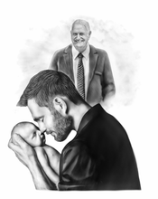 Load image into Gallery viewer, Black and white portrait - Man drawn with baby with deseased relative watching over them - Black & white portrait - drawings and portraits from your photos - drawking.com - DrawKing