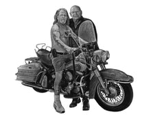 Load image into Gallery viewer, Black and white portrait with a large object - Men on motorcycle - Black & white portrait - drawings and portraits from your photos - drawking.com - Drawking