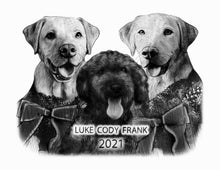 Load image into Gallery viewer, Black and white portrait with pets or animals - Dog's drawn with their names - drawings and portraits from your photos - drawking.com - DrawKing