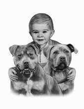 Load image into Gallery viewer, Black and white portrait with pets or animals - Little boy drawn with two dogs - drawings and portraits from your photos - drawking.com - DrawKing