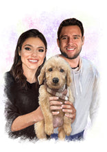 Load image into Gallery viewer, Color portrait with pattern background - Couple drawn with their dog - colour portrait - drawings and portraits from your photos - drawking.com - DrawKing