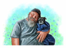 Load image into Gallery viewer, Colour pet portrait with pattern background - Man drawn with dog - drawings and portraits from your photos - drawking.com - Drawking