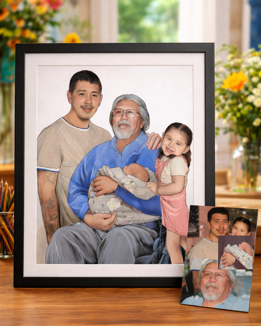 Framed custom colour family portrait drawn from photos by DrawKing