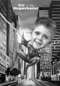 Black & white portrait as a character - Boy as spiderman -drawings and portraits from your photos - drawking.com - DrawKing