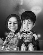 Load image into Gallery viewer, Black &amp; white portrait as a character - Kids drawn as superman &amp; batman-drawings and portraits from your photos - drawking.com - DrawKing
