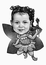 Load image into Gallery viewer, Black and white caricature as a character - Girl drawn as a fairy  - Black &amp; white portrait - drawings and portraits from your photos - drawking.com - DrawKing
