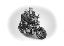 Load image into Gallery viewer, Black and white portrait with a large object -Men drawn with motorbike - Black &amp; white portrait - drawings and portraits from your photos - drawking.com - Drawking
