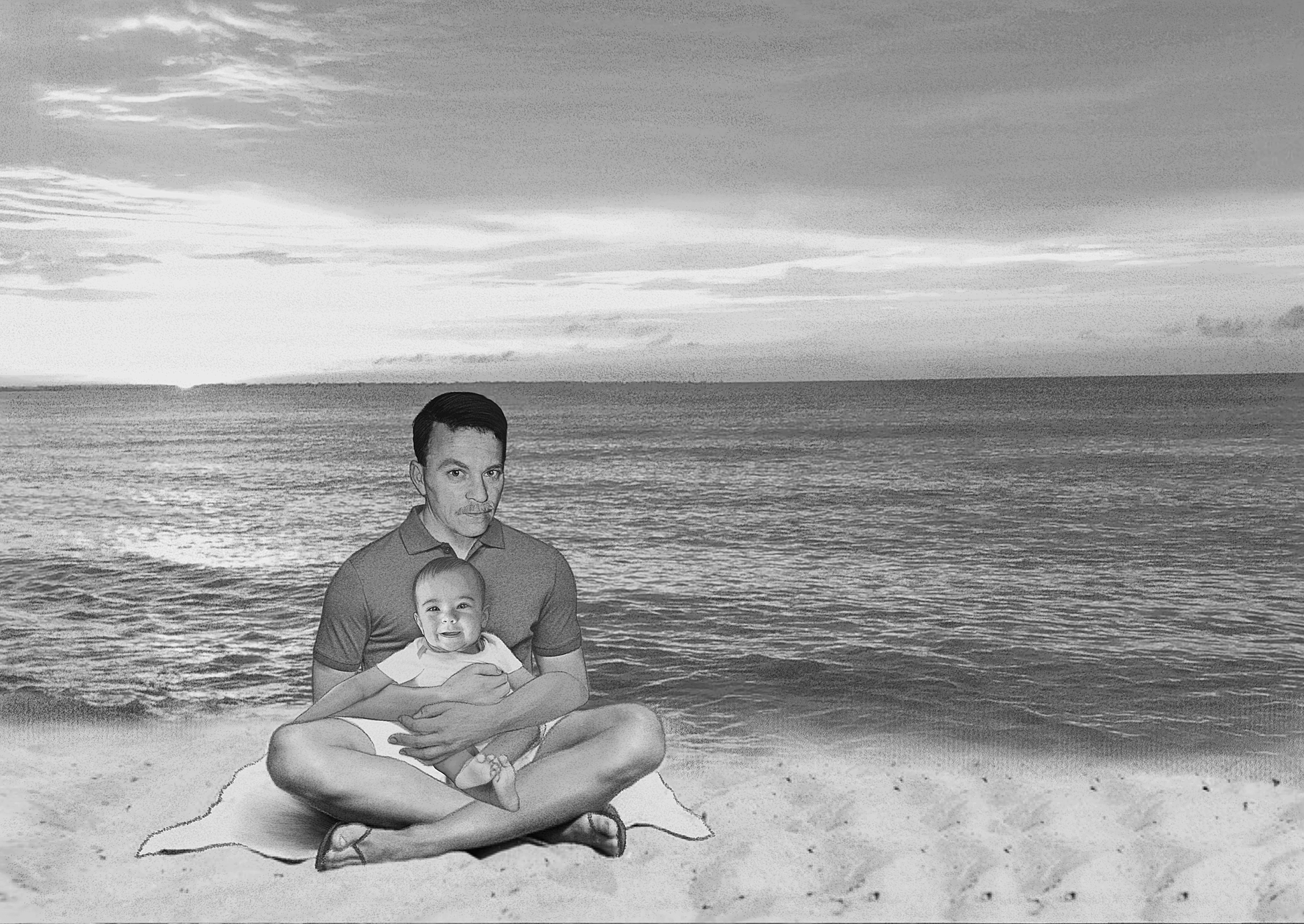 Black and white portrait with background -Man and child drawn on beach - Black & white portrait - drawings and portraits from your photos - drawking.com - DrawKing