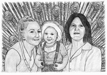 Load image into Gallery viewer, Black and white portrait with background -Women and child drawn with feather background - Black &amp; white portrait - drawings and portraits from your photos - drawking.com - DrawKing
