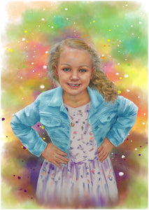 Color portrait with pattern background - Little girl drawn in watercolour - colour portrait - drawings and portraits from your photos - drawking.com - DrawKing